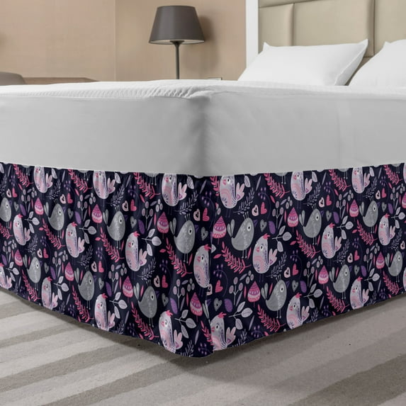Woodland Bed Skirt, Fantasy World Forest with Birds Leaves and Hearts, Elastic Bedskirt Dust Ruffle Wrap Around for Bedding Decor, 4 Sizes, Quartz Multicolor, by Ambesonne