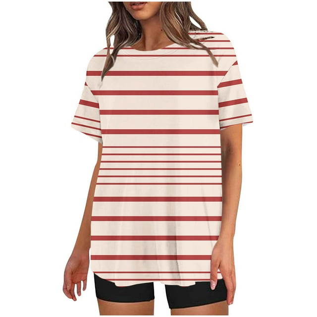 Mikilon Ensemble Élégant pour Femmes 2 Pcs Mode Décontractée Rayé Imprimé Col Rond Épaule Tombante Short Ensemble Deux Pièces Orange-B m