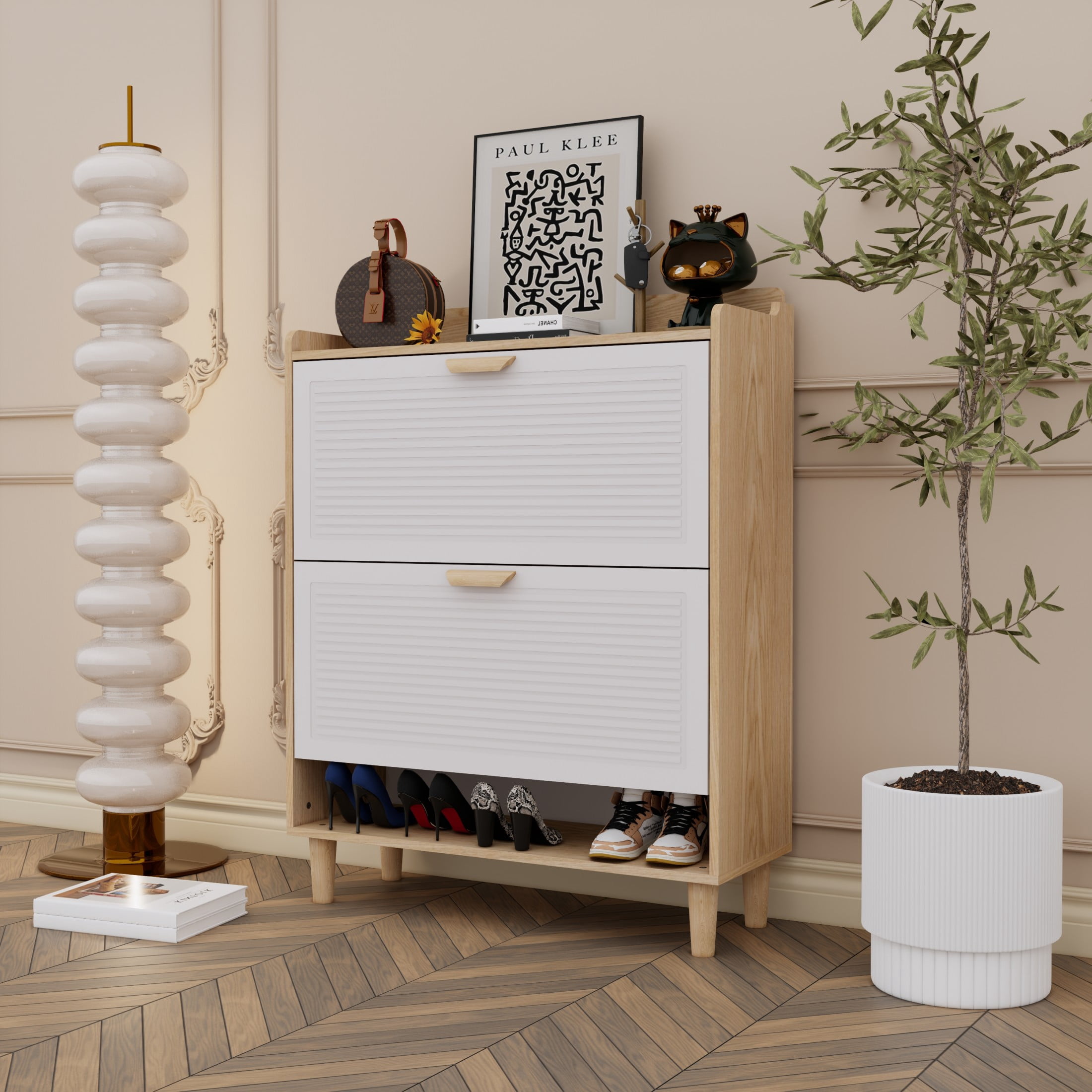 Noble House 31" Nordic Shoe Storage Cabinet, Flip Drawer Narrow Entryway Organizer, Solid Wood Legs, White & Natural