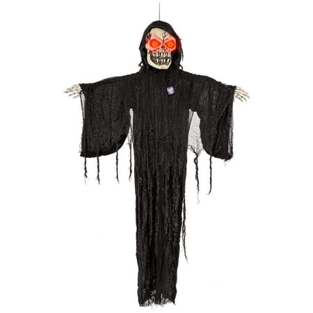Animated Hanging Life-Size Scary Grim Reaper Prop Decoration - Evil Skeleton Face with Red Light Up Eyes, Moving Arms and Death Screams - Battery Operated