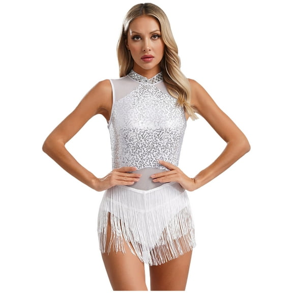 iiniim Women Sleeveless Glitter Sequin Latin Dance Dress Leotard Flowy Tassel Fringed Performance White XL