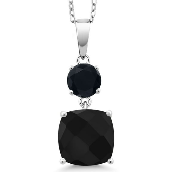 Gem Stone King 4.60 Cttw Black Onyx Pendant Necklace for Women | 925 Sterling Silver | Gemstone December Birthstone | Cushion Checkerboard 10MM | Round 6MM