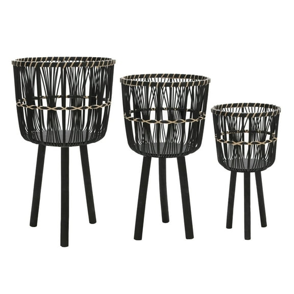 Set of 3 Wooden Planters on Stands - Modern Bamboo & Pine Wood Indoor/Outdoor Decorative Plant Holders for Home & Garden - Stylish Woven Baskets with Sturdy Legs; 26" Tall, Black