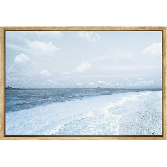 PixonSign Framed Canvas Print Wall Art Blue Ocean Waves Along Beach Shore Nature Wilderness Photography Realism Contemporary Scenic Dramatic Blue for Living Room, Bedroom, Office - 24"x36" Natural