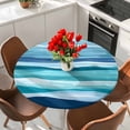 thumbnail image 2 of Summer Coastal Round Fitted Table Cover Abstract Ocean Wave Blue Teal Stripes Waterproof Table Cloth with Elastic Edge Wipeable Tablecloth for Picnic Camping Party Fits 36"-44" Diameter, 2 of 8