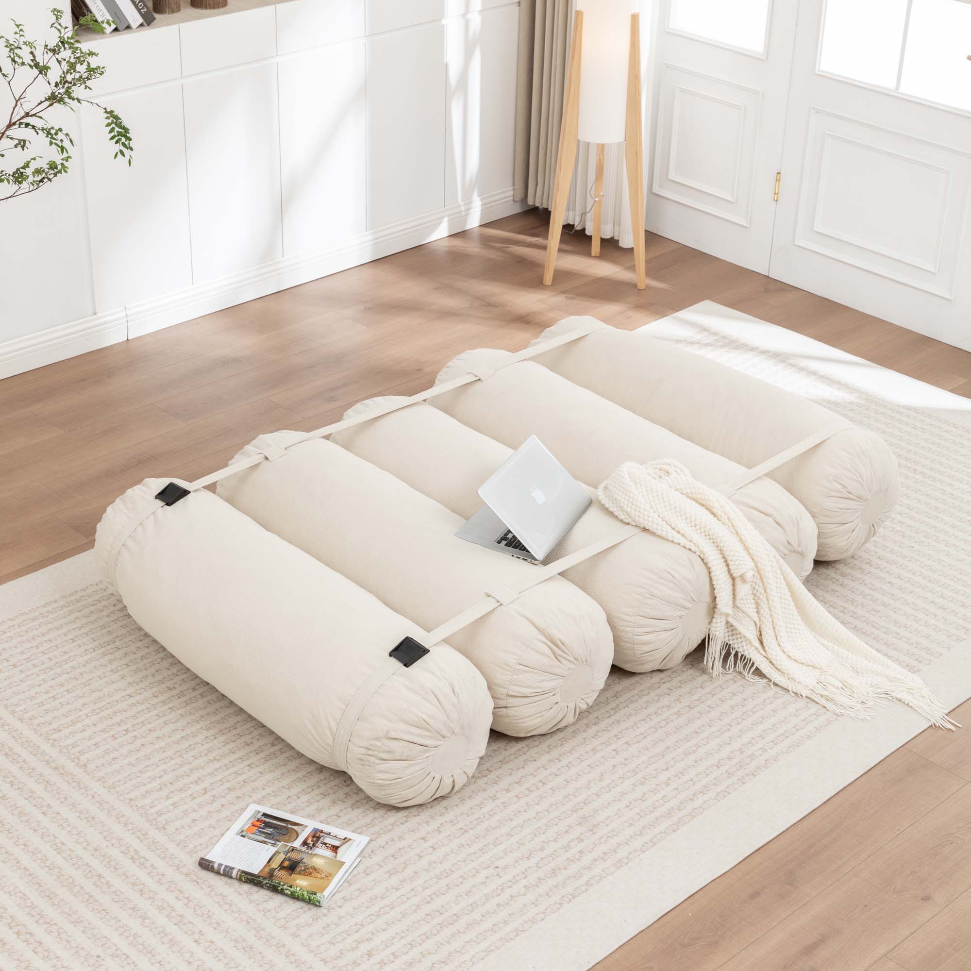 Miniyam 76" x 50" Beige Floor Sofa with Adjustable Straps Bean Bag Lounger for Living Room, Bedroom