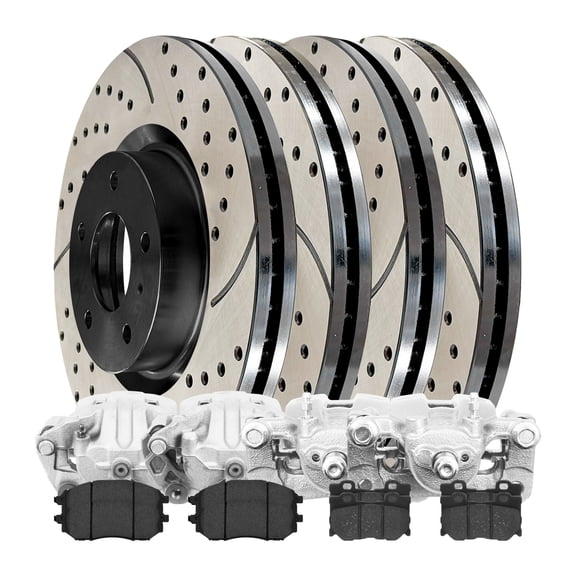 AutoShack Front Vented & Rear Vented Drilled & Slotted E-Coated Brake Rotors   Ceramic Pads   Calipers 16-PC Brake Kit Replacement for 2009 Nissan 370Z ShadowGuard