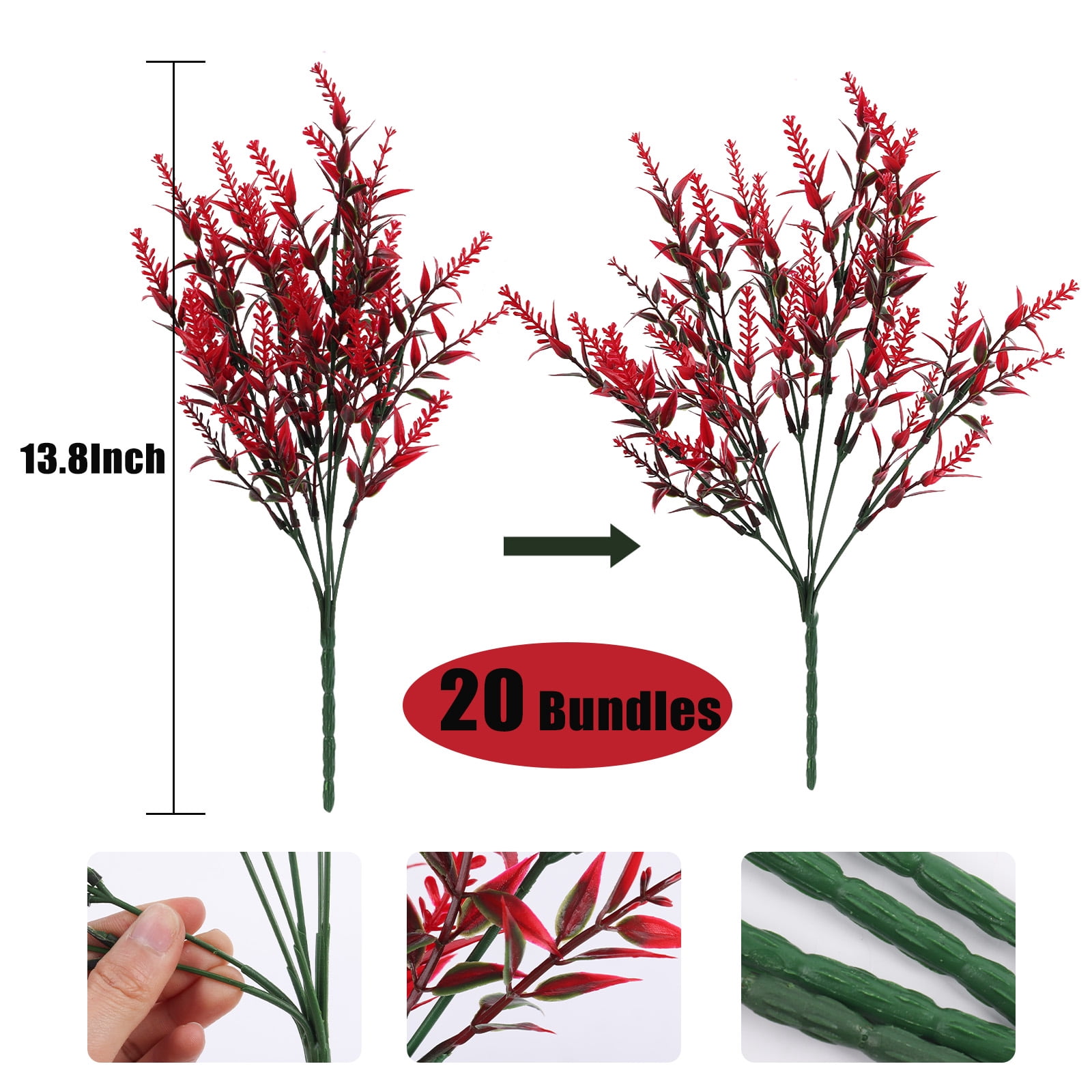 RECUTMS Artificial Outdoor Plants UV Resistant Artificial Greenery Lavender 20 Bundles Indoor Outside Decor Wedding Table Flowers Arrangement Bouquet Filler(Red)