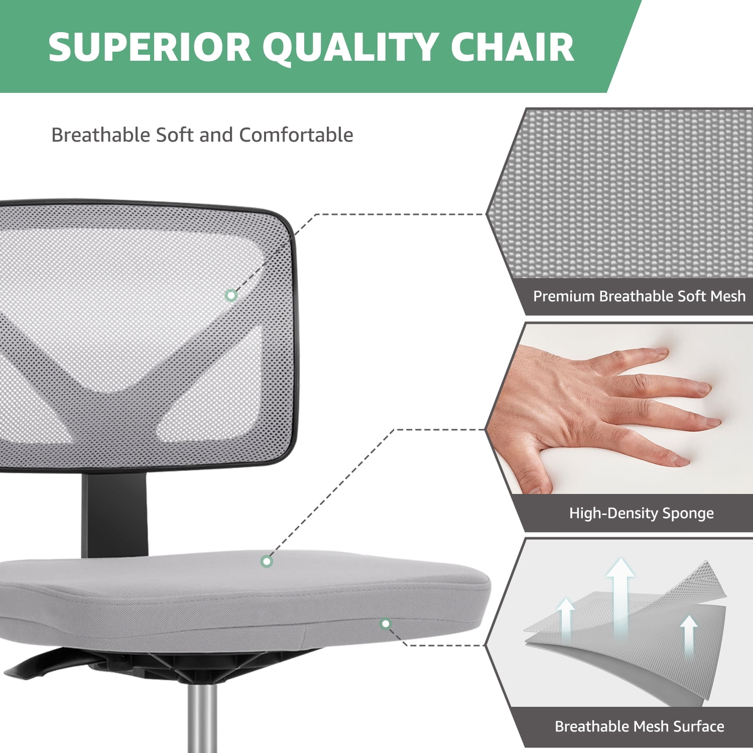 MAYEERTY Home Office Desk Chair, Armless Mesh Computer Chair Small Space Swivel Adjustable Low Back Task Chair for Teens/Adults, Gray