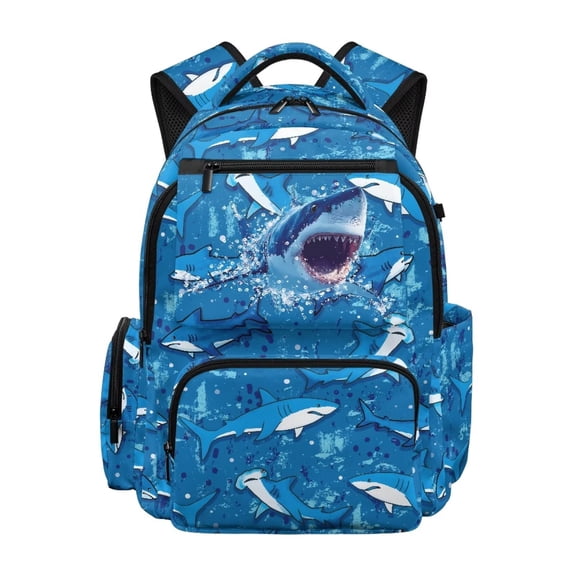 Pzuqiu Blue Shark Print Kids Backpack 17 Inch Soft Padded Breathable Straps Lightweight School Bag with Multi Pockets for Boys Girls 8-14 Years Elementary Middle School