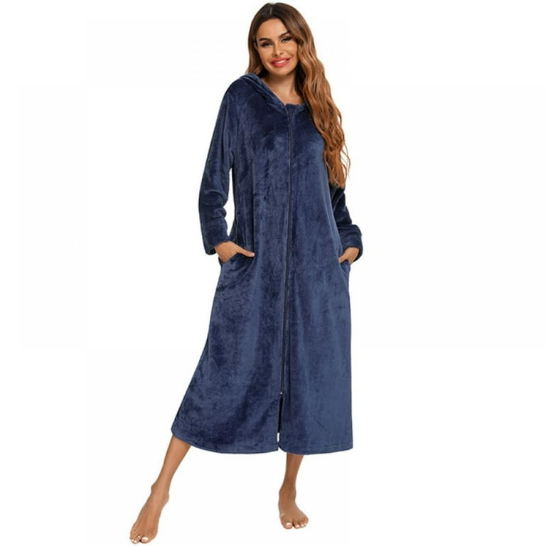Womens Fleece Robe Plush Long Zip Front Bathrobe with Pockets Warm Soft  Zippered Bathrobes S-2XL 