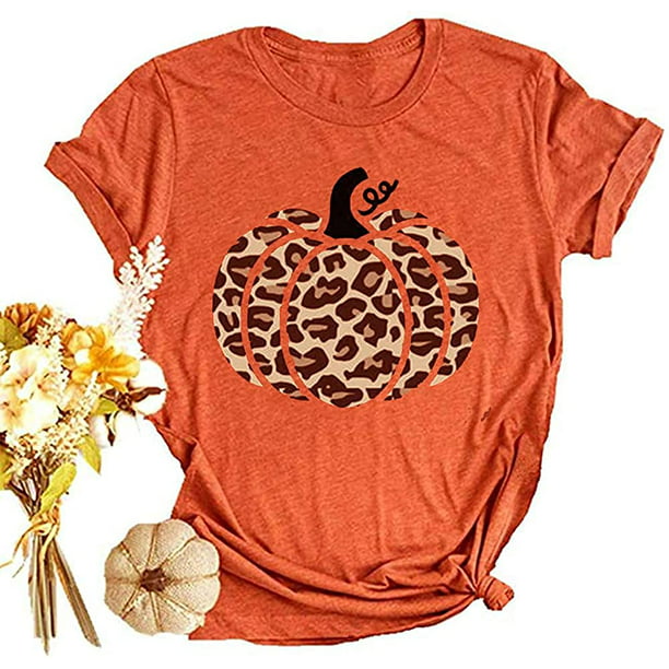 Womens Funny Leopard Pumpkin Shirts Short Sleeve Halloween Thanksgiving ...