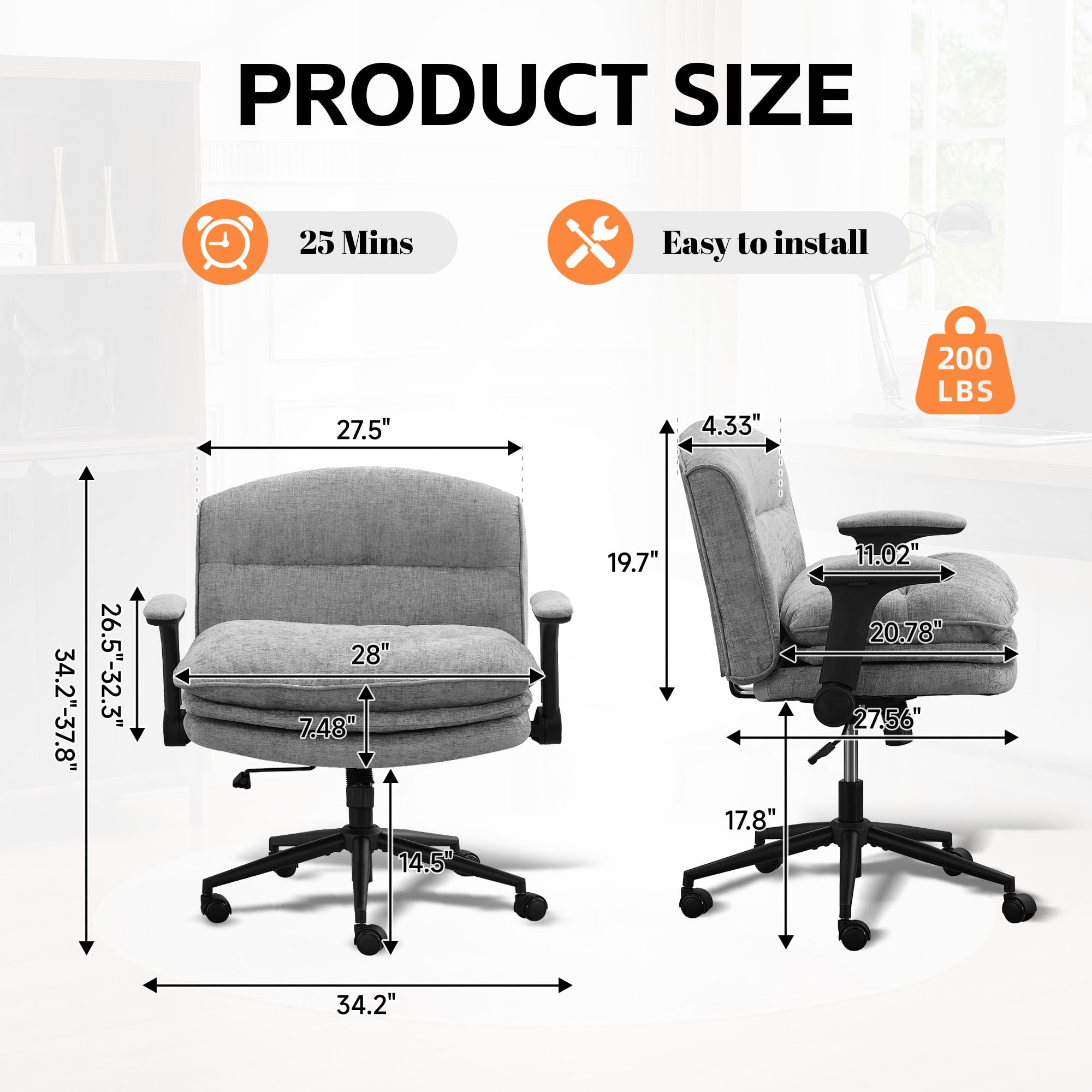 DOMICARE Criss Cross Chair with Flip-Up Arms, Wide Cross-Legged Office Chair with Wheels, Swivel Vanity Desk Chair, Gray Chenille