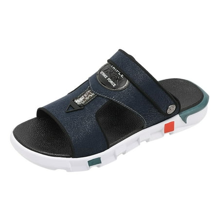 PEASKJP Men Summer Casual Leather Sandals Leather Beach Shoes Slip Open Toe Sandals Men Thong Sandals Leather (Blue  10)