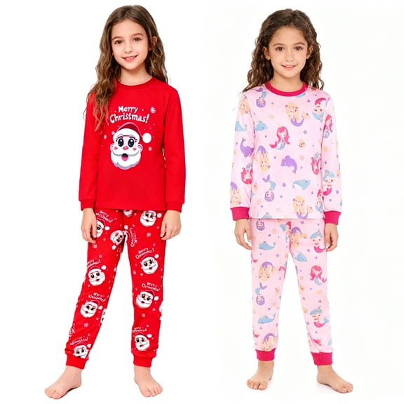 ELUTONG Girl's Christmas Pajamas,2 Sets of Kids' Cotton Long Sleeve Sleepwear with Santa Claus、Mermaid and Ballet Girl for 2-12T