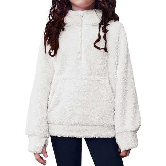 Ruyang Girls Fuzzy Fleece Hoodie Half Zip Sherpa Pullover Sweatshirt Mock Neck Hooded Furry Sweaters Thumbhole Pocket