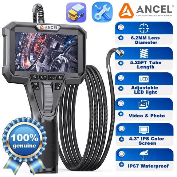 ANCEL AN301 Two-Way Articulating Endoscope with 6 Adjustable LED Lights, 0.24in Thin Lens IP67 Waterproof 720P HD Camera Scope for Automotive Engine HVAC Wall and Pipe Inspection - 5.25FT Cable