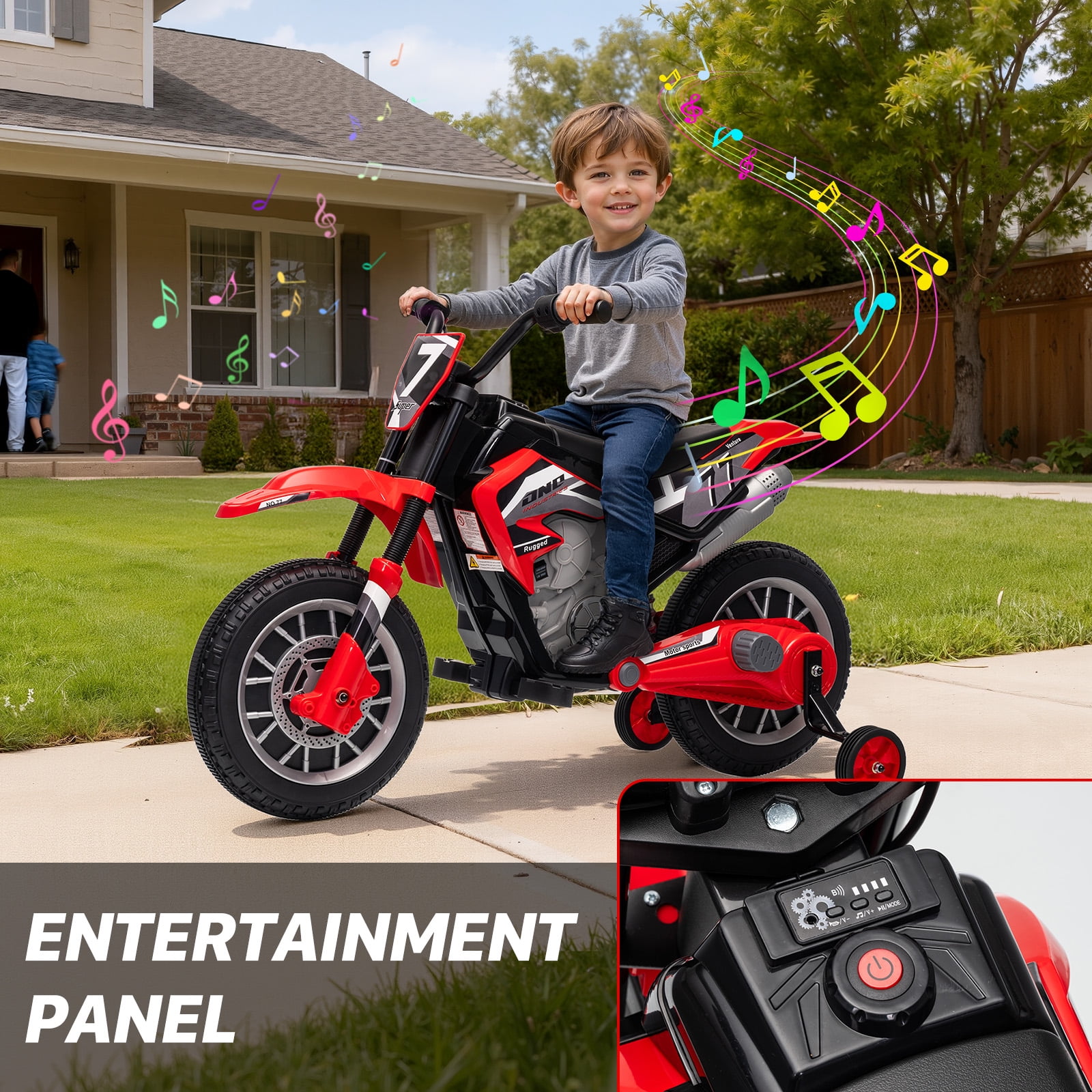 Mukidy 12V Electric Motorcycle for Kids Dirt Bike Ride on Toy Battery Powered Off-Road Motorbike w/ Training Wheels, Age 3-8 Year Old, Red