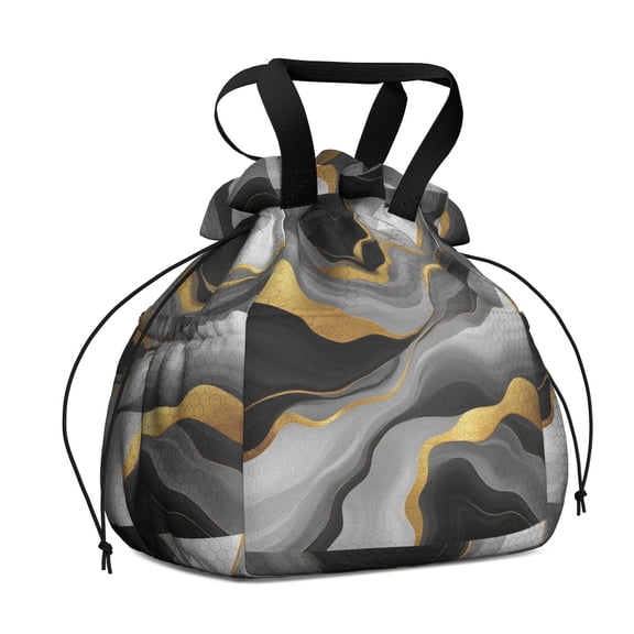 Black White and Gold Marble Drawstring Lunch Bag Women - Drawstring Lunch Bag Insulated for Work Office - Stain-Resistant Large Lunchbags for Women with Multi-Pockets