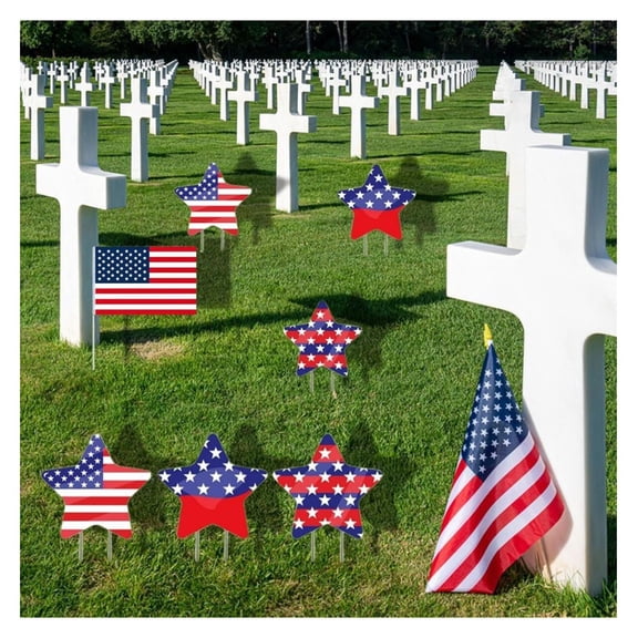 8Pcs 4th of July Yard Sign with 16pcs Stake USA Flag Star Shape Memorial Day Lawn Decor for Independence Day Patriotic Party Supplies