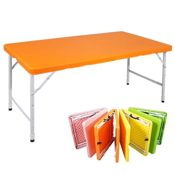 HooKung 4 FT Folding Table with Carry Handle, Portable Fold-in-Half Plastic Table, Rectangle Foldable Table for Indoor/Outdoor Orange