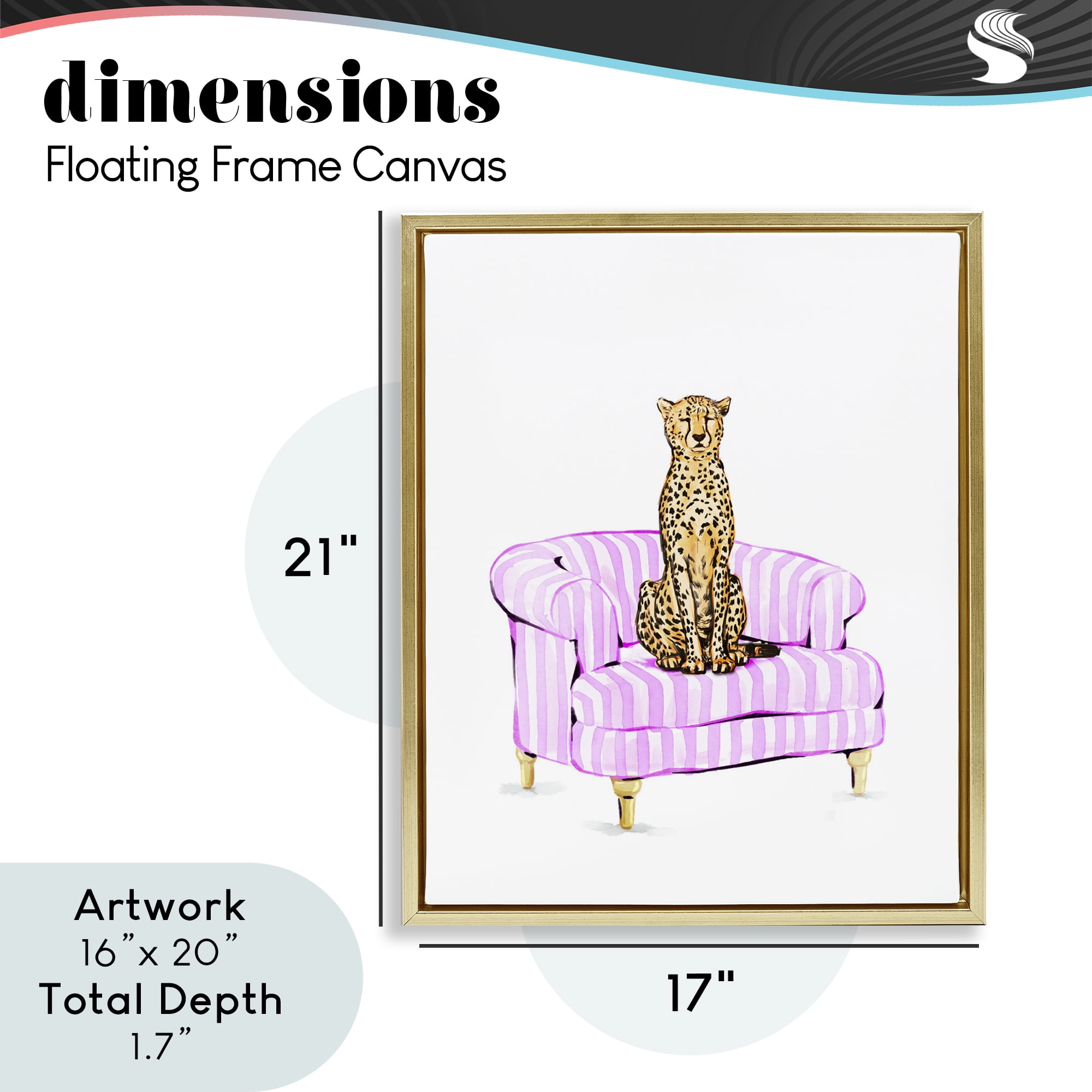 Cheetah on Pink Stripe Chair Gold Framed Floater Canvas Wall Art, design by Ziwei Li