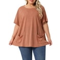 thumbnail image 1 of Blusa casual de mujer de talla grande Agnes Orinda, con cuello redondo, manga corta, color rojo ladrillo, con bolsillos, talla 4X, 1 of 6