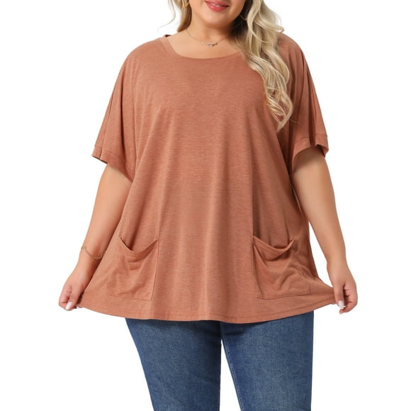 Blusa casual de talla grande para mujer Agnes Orinda, con cuello redondo, manga corta, color rojo ladrillo, con bolsillos, talla 1X