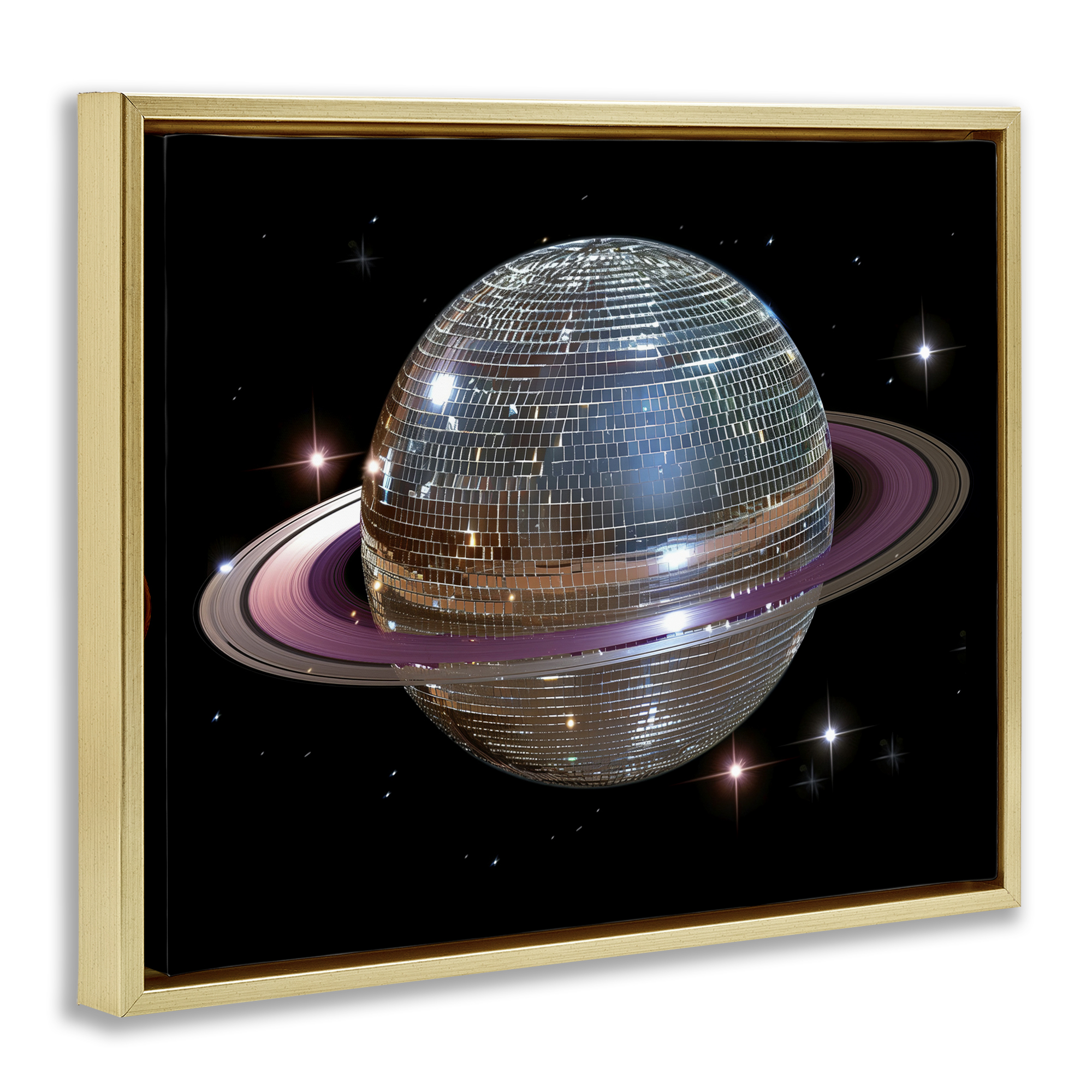 Purple Disco Ball Planet Gold Framed Floater Canvas Wall Art, design by Decent Exposures