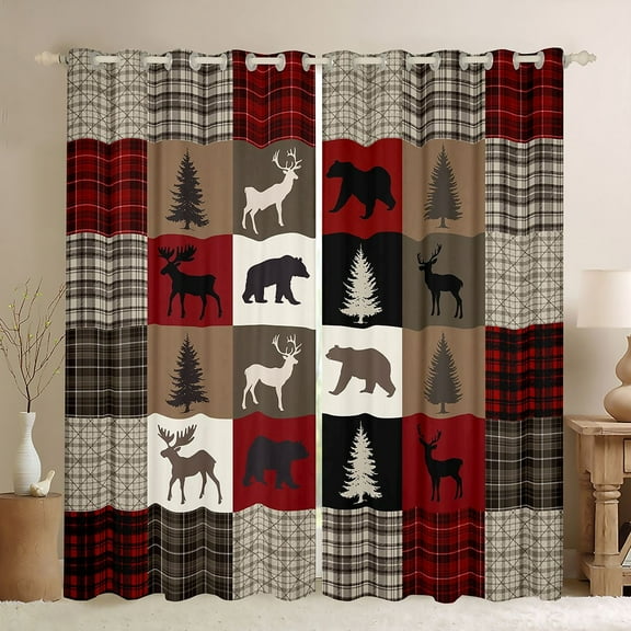Feelyou Rustic Farmhouse Bear Black Out Curtains, Reindeer Moose Wildlife Curtains Pack of 2 (42x63 Each), Red Brown Square Plaid Bedroom Curtains, Curtains and Drapes Decor