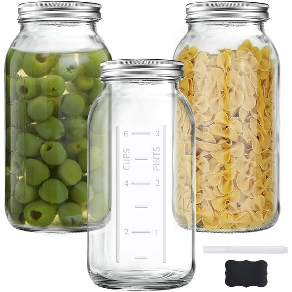 64 OZ Wide Mouth Mason Jars with Lids, Clear Heavy Duty Glass Airtight Storage Canning Jar and Band Half Gallon / 2 Quart Fermenting, Pickling, Storing, Pack of 3
