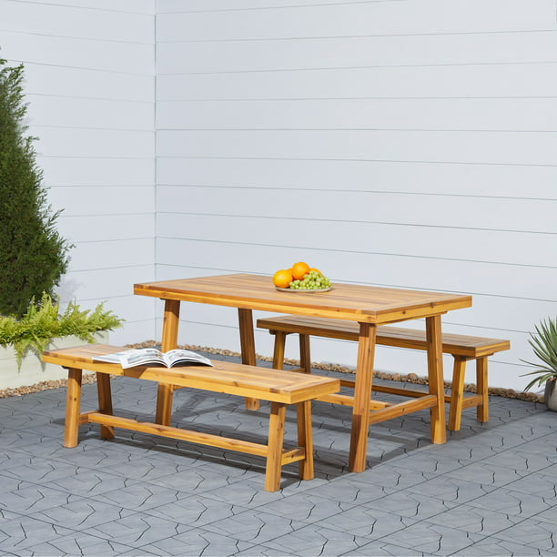 3 Piece Outdoor Patio Picnic Dining Set, Mainstays Martis Bay Wooden Picnic Table Outdoor Gray