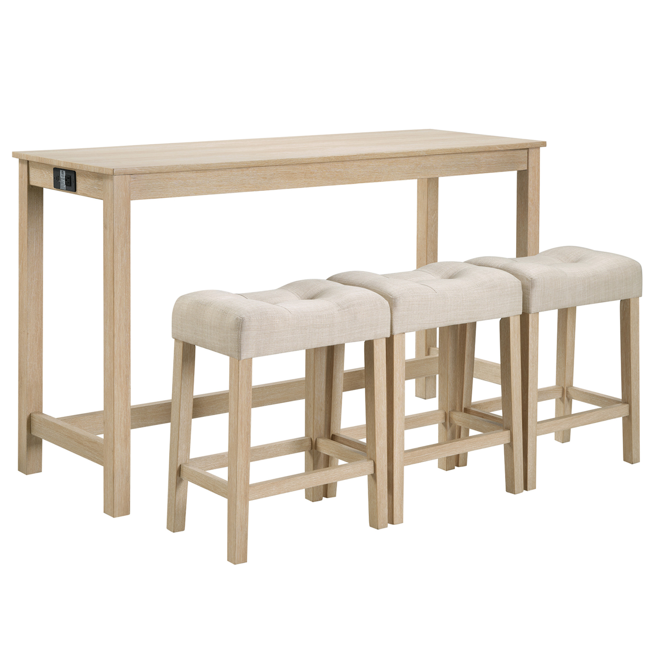 Noble House 35.5"H Dining Bar Table Set with Power Outlet, Upholstered Counter Stools for 3, Light Oak Finish