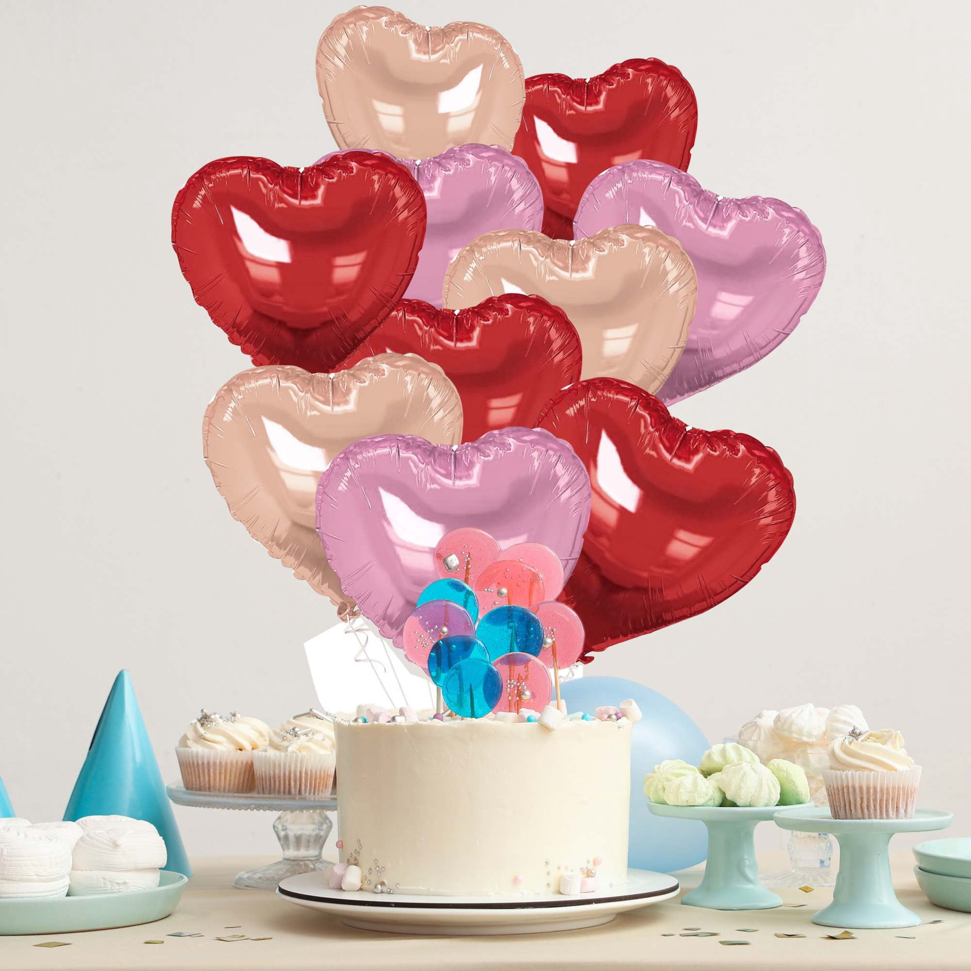 Unique Bargains 10Pcs Helium Balloons with Ribbon Heart Pattern Pink Red Champagne