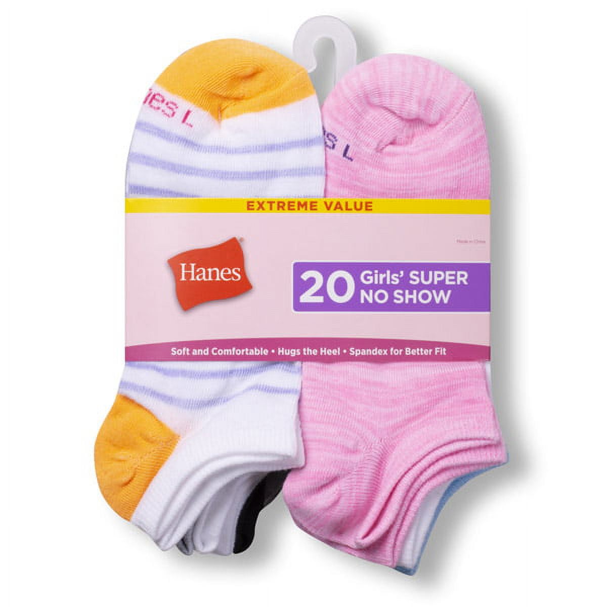 Hanes Girls Extreme Value 20 Pack Super No Show Socks, Sizes S-L