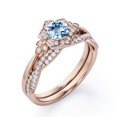 thumbnail image 4 of JeenMata Flower Halo Bezel 1.75 Carat Round Cut Deep Blue Created Aquamarine and Moissanite Infinity Twisted Band Wedding Ring Set in 18K Rose Gold Plating over Silver, 4 of 6