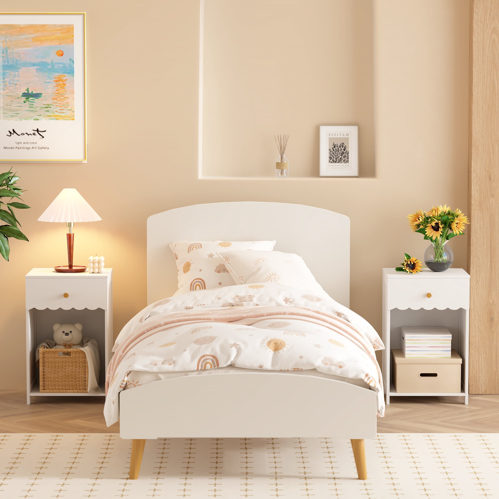 Yoneston Elegant Open Shelf Nightstand with Drawer Storage for Kid's Room Bedside Bedroom, Snow White