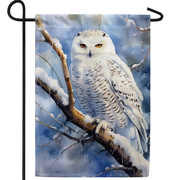 America Forever Snowy Owl Garden Flag, 12.5 x 18 inch Double Sided, White Owl Winter Tree Banner, Majestic Bird Snowy Branch Scene Outdoor Yard Decoration, Wildlife Flag