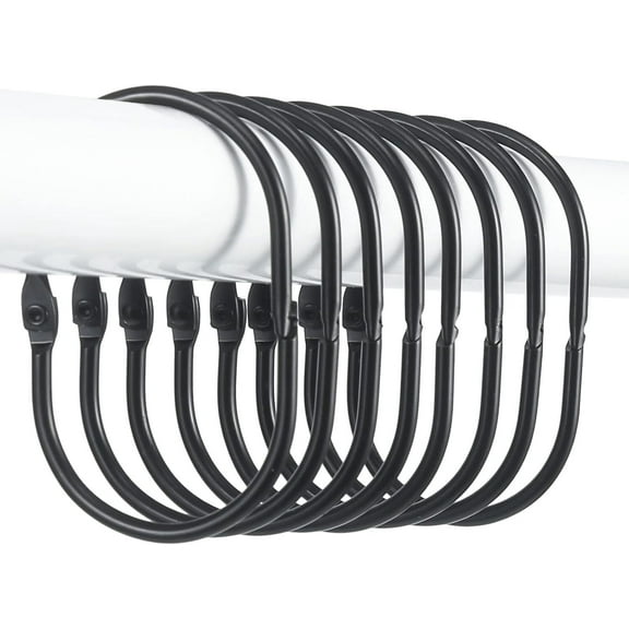 Siloon Shower Curtain Rings, 12 Pcs Shower Curtain Hooks, Oval Snap Shower Rings for Curtain, Metal Black Shower Curtain Rings Rust Proof, Glide Smoothly Shower Hooks for Shower Curtain Rod (Black)