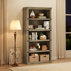 Acekid 5 Tier Book Shelf - Farmhouse Book Case, 67.4" Tall Storage Shelf, Wooden Bookshelves for Living Room & Home Office, 31.5" W x 12.8" D, Grey