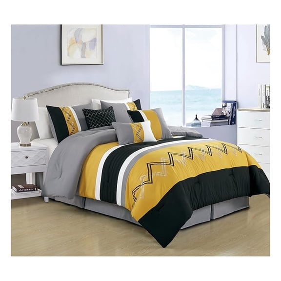 Arden 7-Piece Modern Pleated Stripe Embroidered Zigzag Bedding Comforter Set (Full, Turmeric/Black/Silver Gray/White)