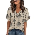thumbnail image 2 of Twczz Womens Floral Shirts Short Sleeve- Casual V-Neck Loose Fit Summer Boho Tops Blouse Khaki Size S, 2 of 8