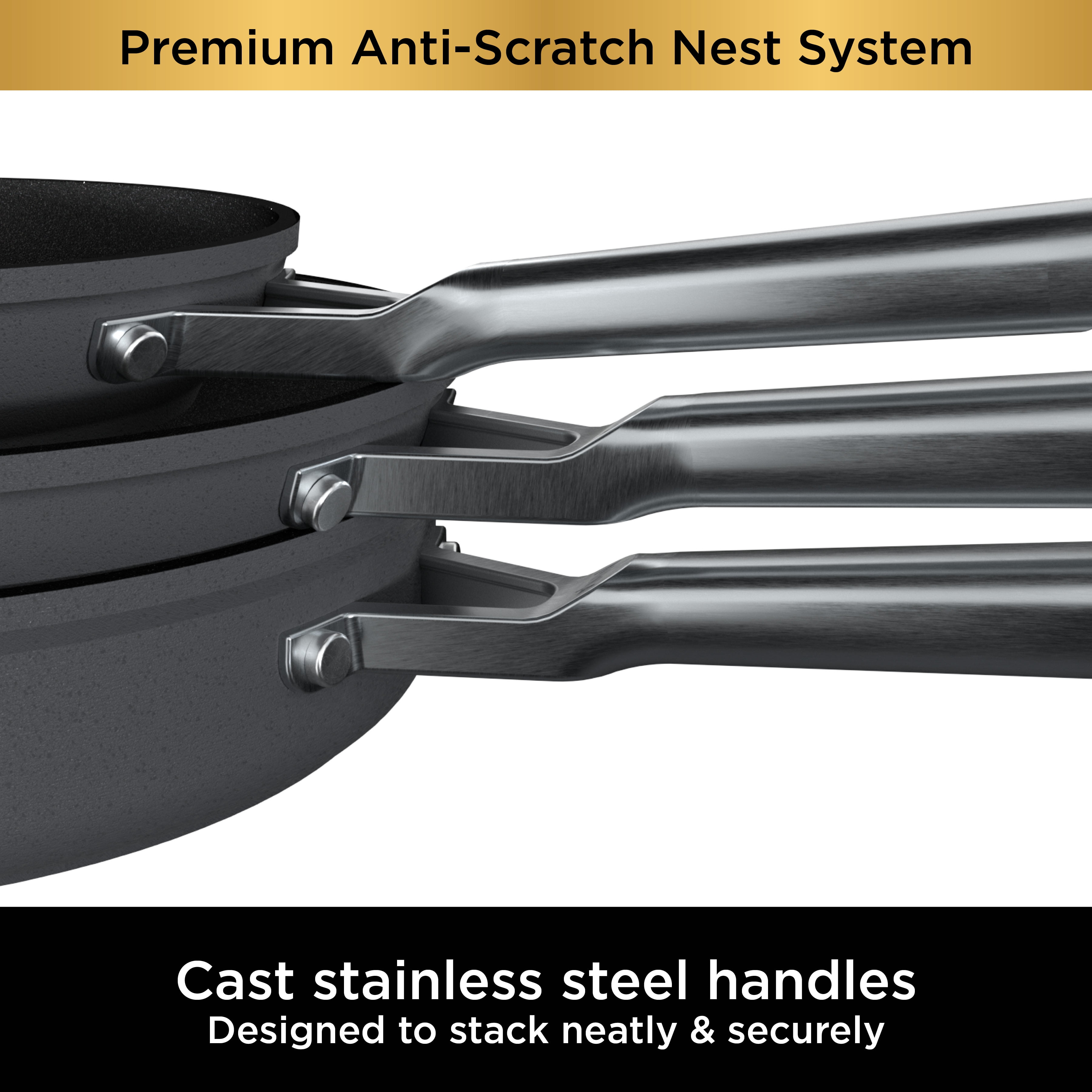 Ninja C53000 3-Piece Fry Pan Set Foodi Neverstick Aluminum Grey Premium Anti-Scratch Nesting Cookware Gray