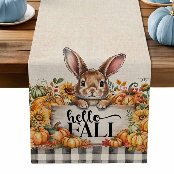 ERUNPONLY Fall Rabbit Pumpkins Table Runner - 36 Inch Long Orange Sunflowers Vintage Plaid Farm Cotton Linen Blended Dress Scarves Farmhouse Table Runner for Kitchen Dining, Coffee Table, 13" x 36"