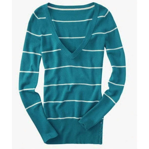 Aeropostale suéter de punto con cuello en V a rayas para mujer, verde, extra pequeño