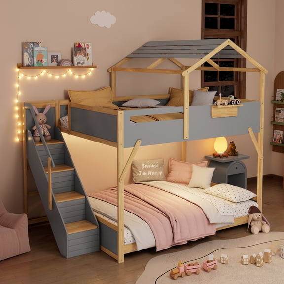 Luckynote Full over Full House Bunk Bed with Stairs and 3-Color LED Lights, Gray