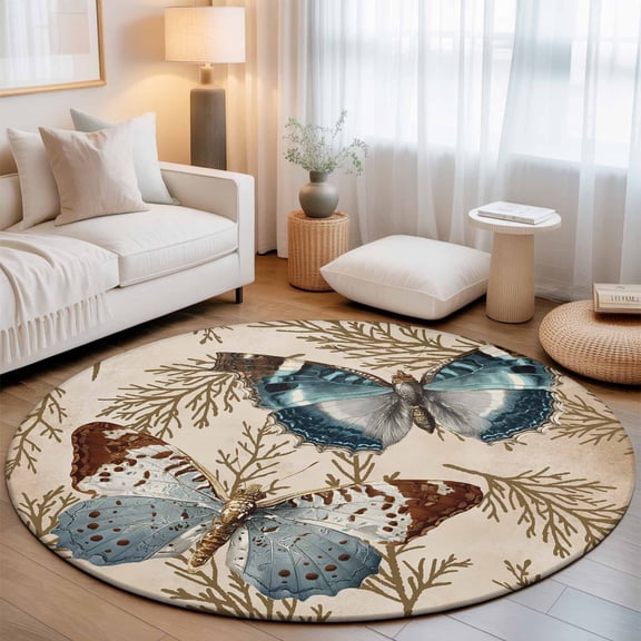 Round Area Rugs 3.3Ft, Vintage Teal Butterfly Non-Slip Washable Circle Rugs Carpet, Vintage Brown Tree Branch Indoor Outdoor Rug Floor Mats Throw Runner for Bedroom Living Room Bathroom