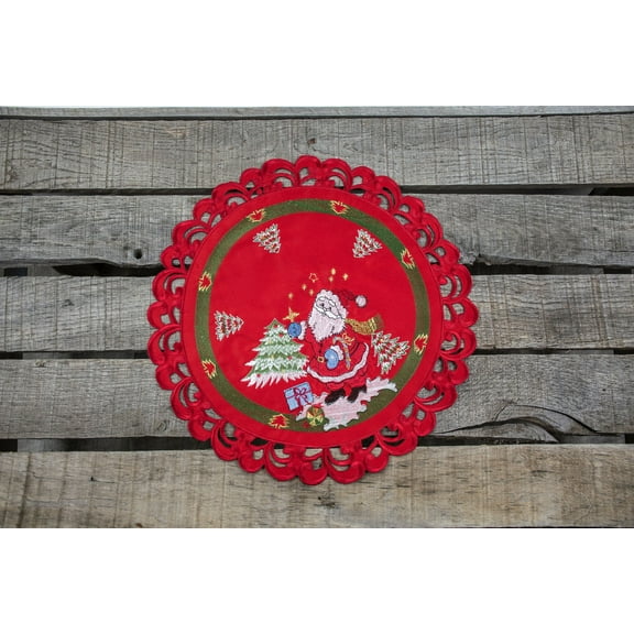Santa Claus and Christmas Trees on Red Round Doily (16"/24")
