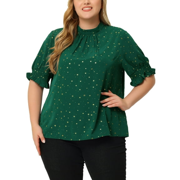 Agnes Orinda Women's Plus Size Pleated Mock Neck Star Print Puff Sleeve Blouse 3X Green