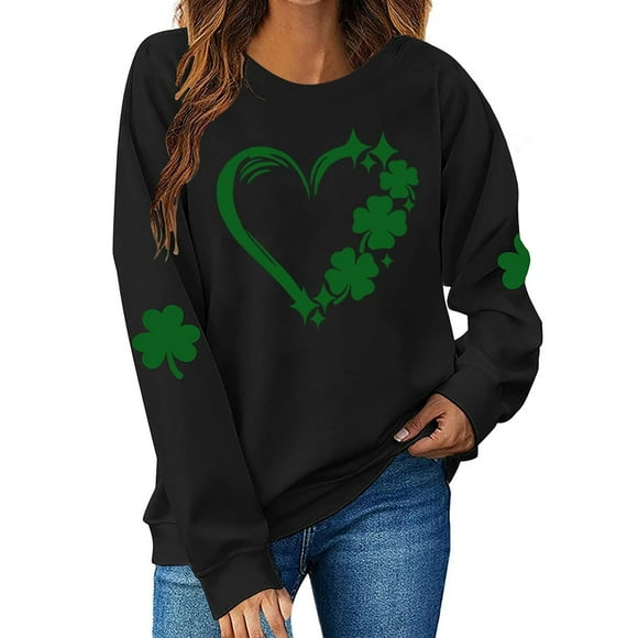 Clearance!Bpxiofoy Graphic Sweatshirts for Women St Patricks Day Outfits for Women Sweatshirts for Women Trendy Shamrock Casual Sweatshirt Graphic Sweatshirts for Women,Black XXL